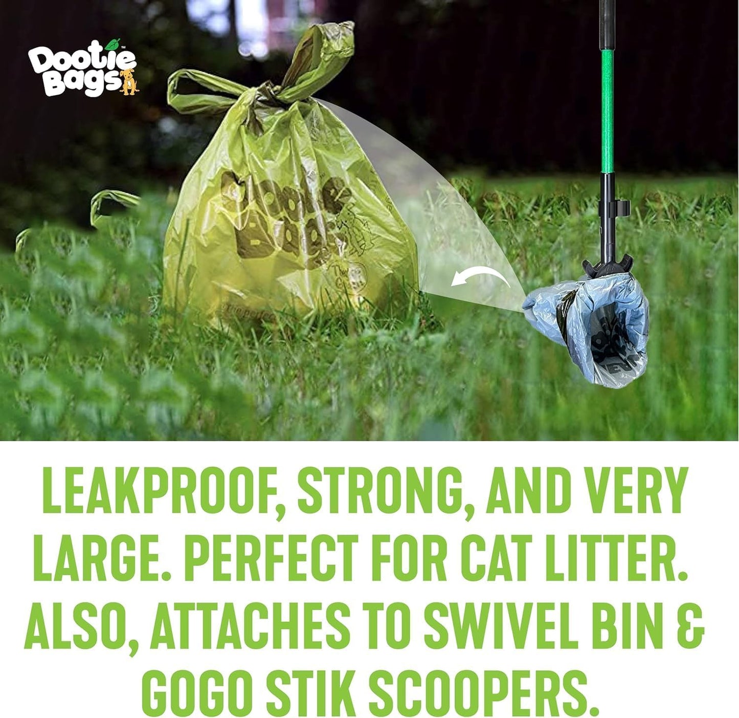 Pooch Approved Large Dootie Bags - Dog Poop Bags - Tie-Handles - 100 Count Dootie Strong and Leakproof - Perfect for Dogs & Cats - Litter - Pet Waste Cleanup - Swivel Bin & Scoopers