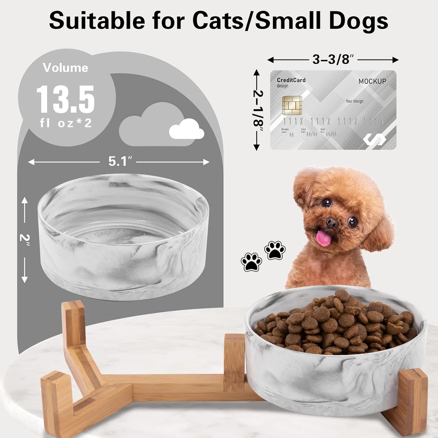 Marbling Cat Bowls, Puppy Ceramic Food and Water Bowls Set, 1 3/4 Cups X 2, Indoors Black Pet Bowls with Wood Stand