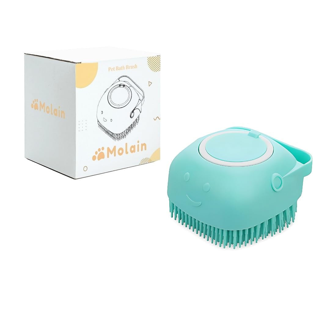Silicone Rubber Bath Brush for Dogs and Cats - Grooming and Cleaning Tool with Soft Shampoo Dispenser (Blue)
