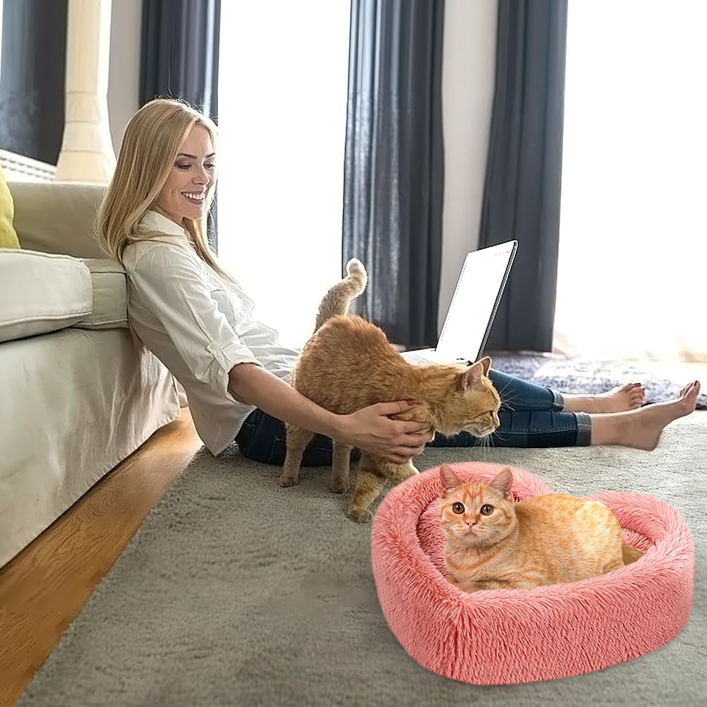 Indoor Cat Bed - Heart-Shaped Design with Removable Washable Cushion, Suitable for Cats up to 30 lbs and Small Dogs, Faux Fur Self-Warming Non-Slip Pet House in Pink