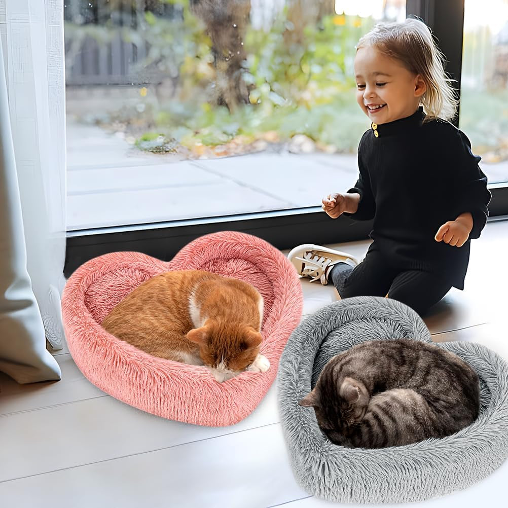 Indoor Cat Bed - Heart-Shaped Design with Removable Washable Cushion, Suitable for Cats up to 30 lbs and Small Dogs, Faux Fur Self-Warming Non-Slip Pet House in Pink