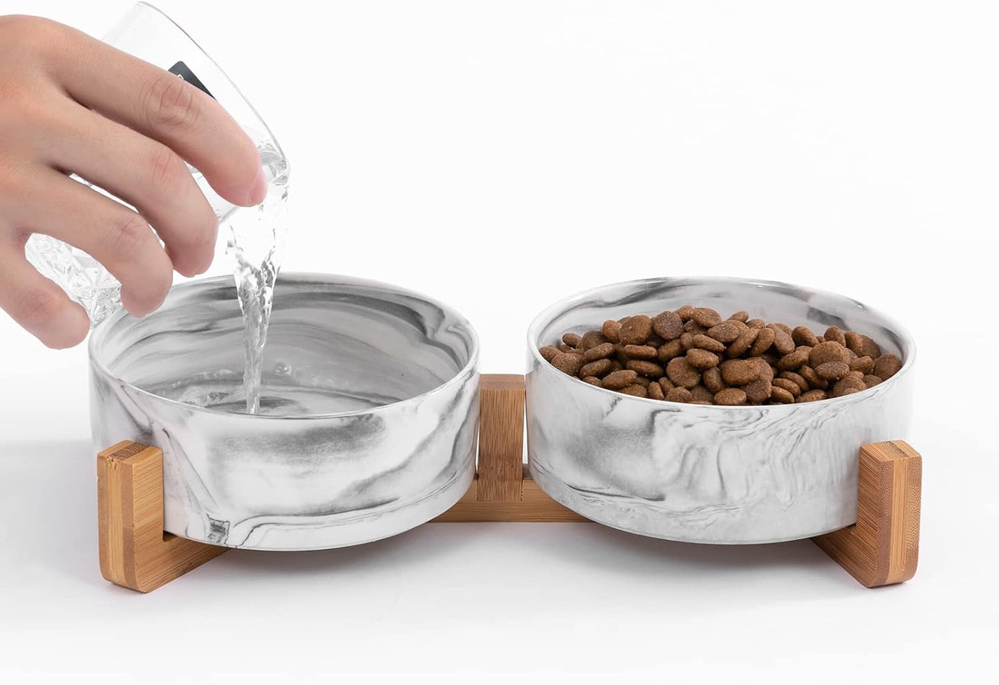 Marbling Cat Bowls, Puppy Ceramic Food and Water Bowls Set, 1 3/4 Cups X 2, Indoors Black Pet Bowls with Wood Stand