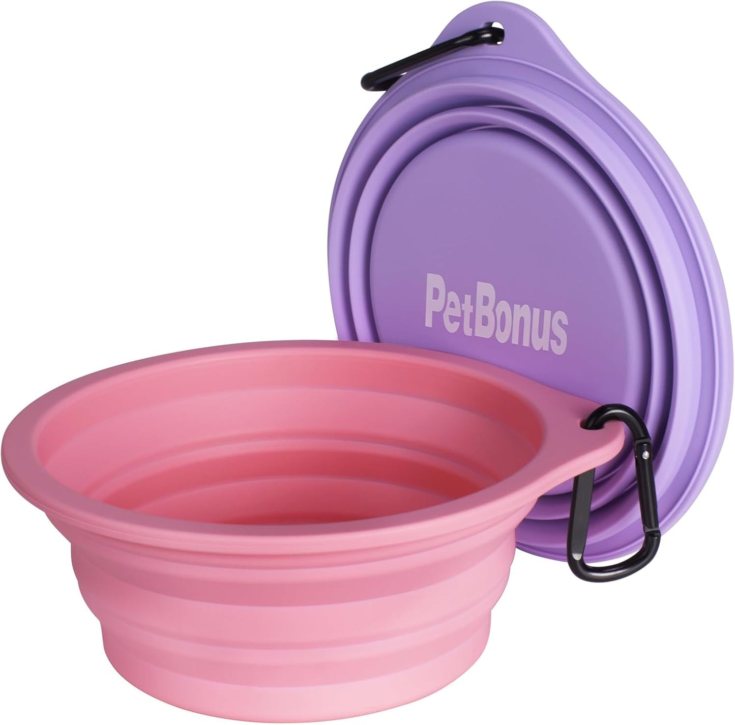 2-Pack Silicone Collapsible Dog Bowls, BPA Free Dishwasher Safe, Portable Foldable Expandable Travel Bowl, Food Water Feeding Cup Dish for Dogs Cats with 2 Carabiners (Purple, Pink) | 20 Oz, Silicone, Foldable Expandable Cat Feeding Cup Dish, 2 Carabiners, BPA Free, Dishwasher Safe (Purple, Pink)