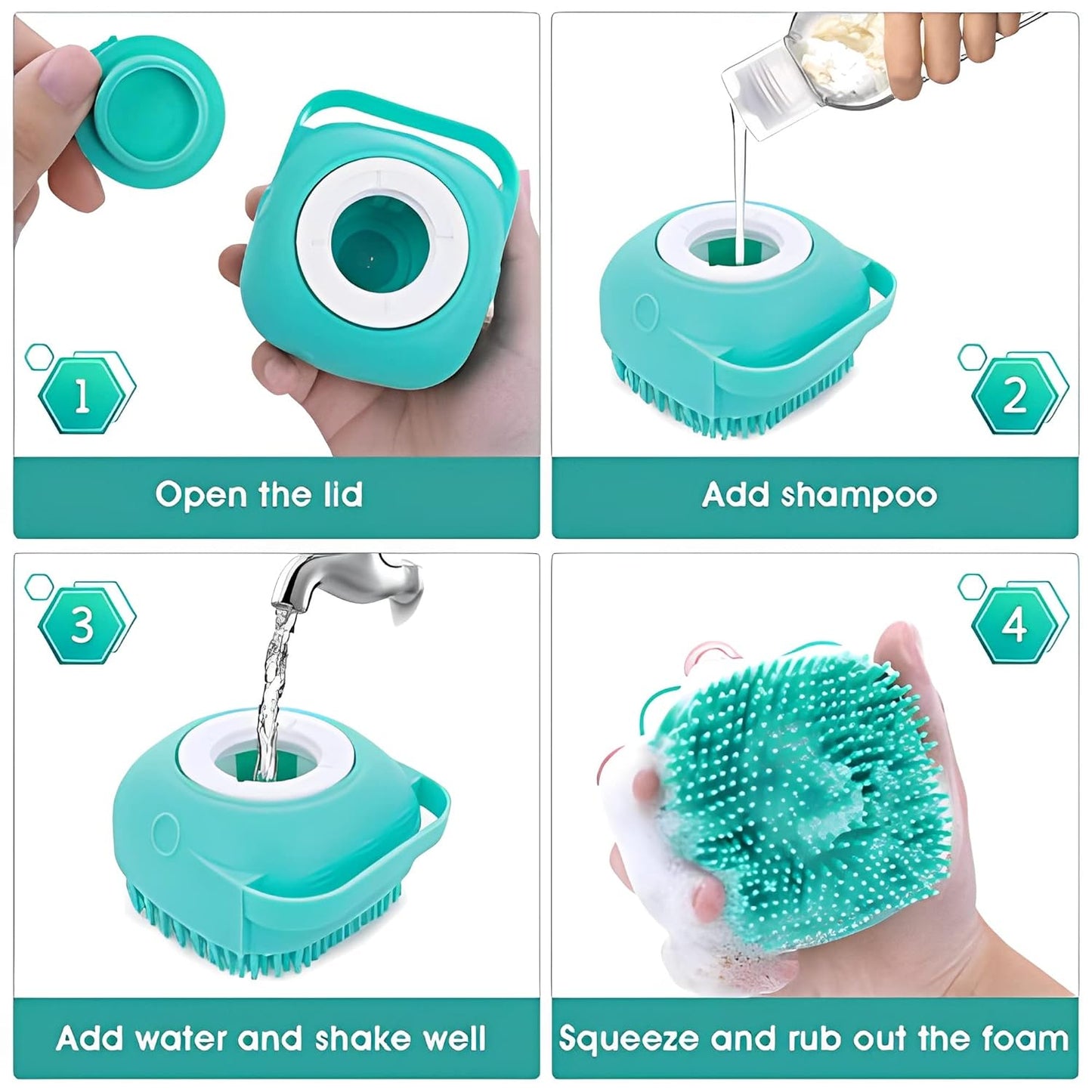 Silicone Rubber Bath Brush for Dogs and Cats - Grooming and Cleaning Tool with Soft Shampoo Dispenser (Blue)
