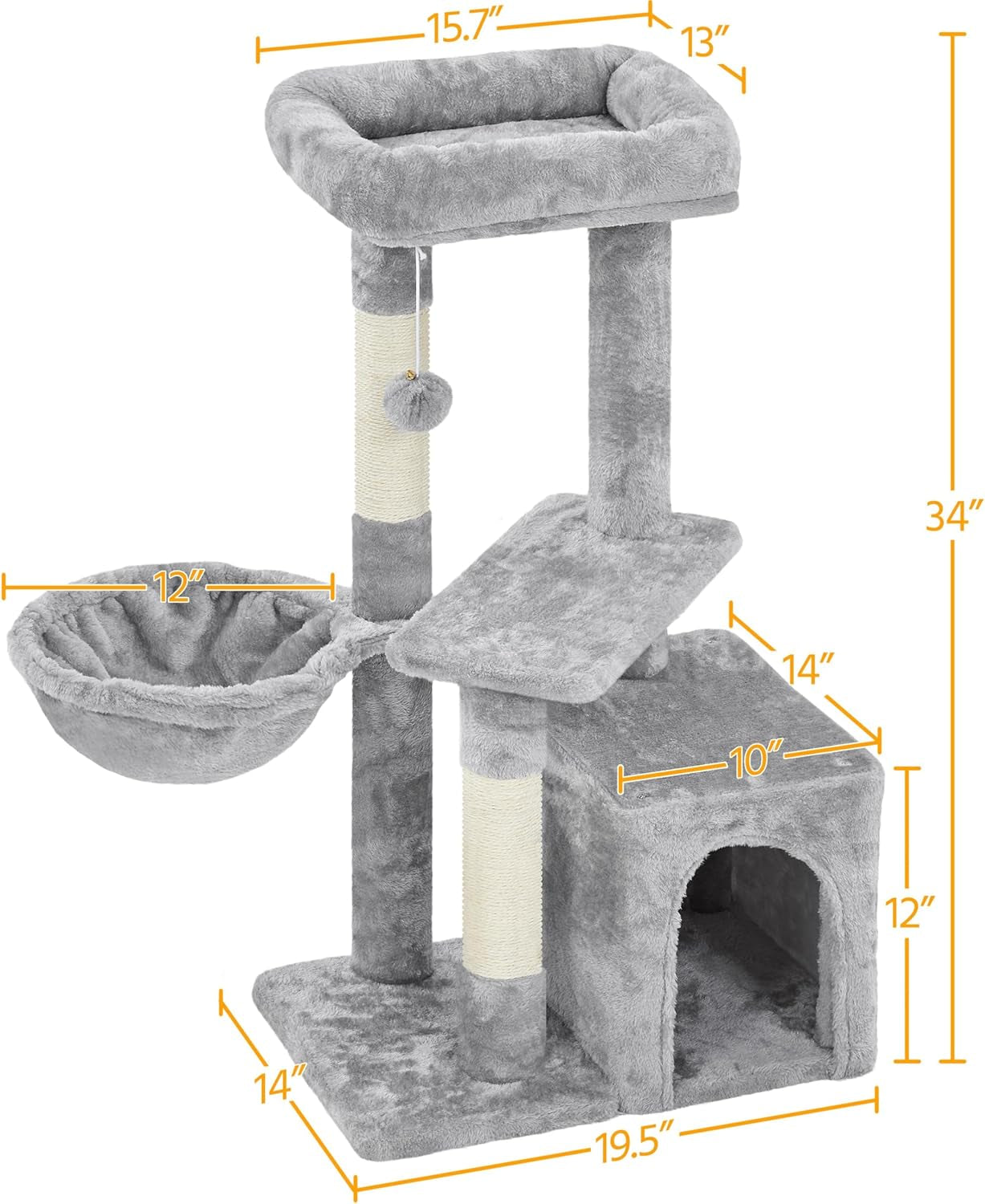 34-Inch Cat Tower with Plush Cover, Condo, Platform, and Basket - Indoor Cat Furniture Activity Tree