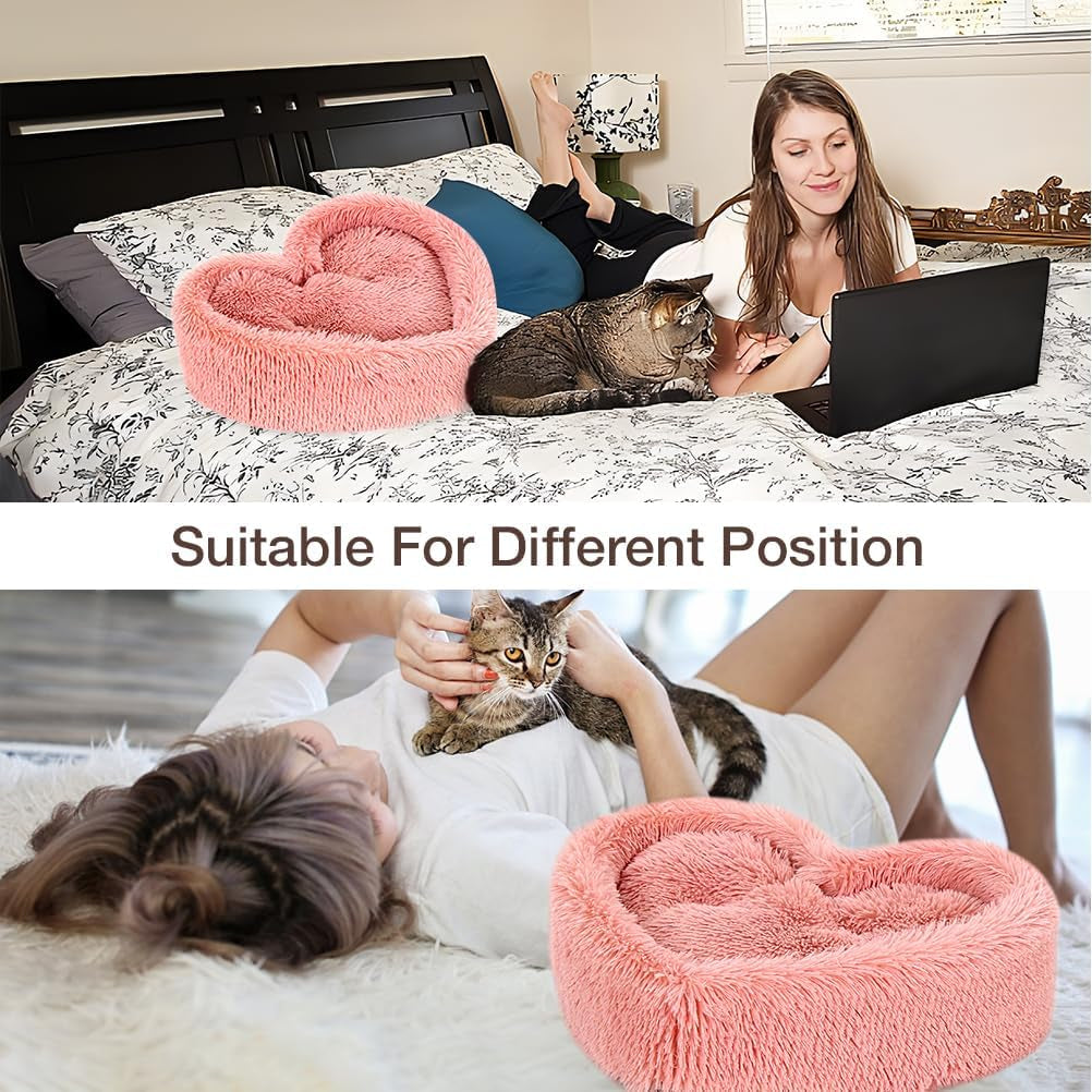 Indoor Cat Bed - Heart-Shaped Design with Removable Washable Cushion, Suitable for Cats up to 30 lbs and Small Dogs, Faux Fur Self-Warming Non-Slip Pet House in Pink