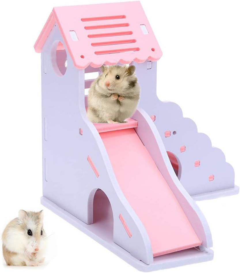 Hamster House Hideout Hideaway Exercise Toys for Rat,Dwarf Hamster Mouse Small Animal Kingdom,Durable Odorless Non-Toxic Wooden Deluxe 2-Story Hut (Pink)