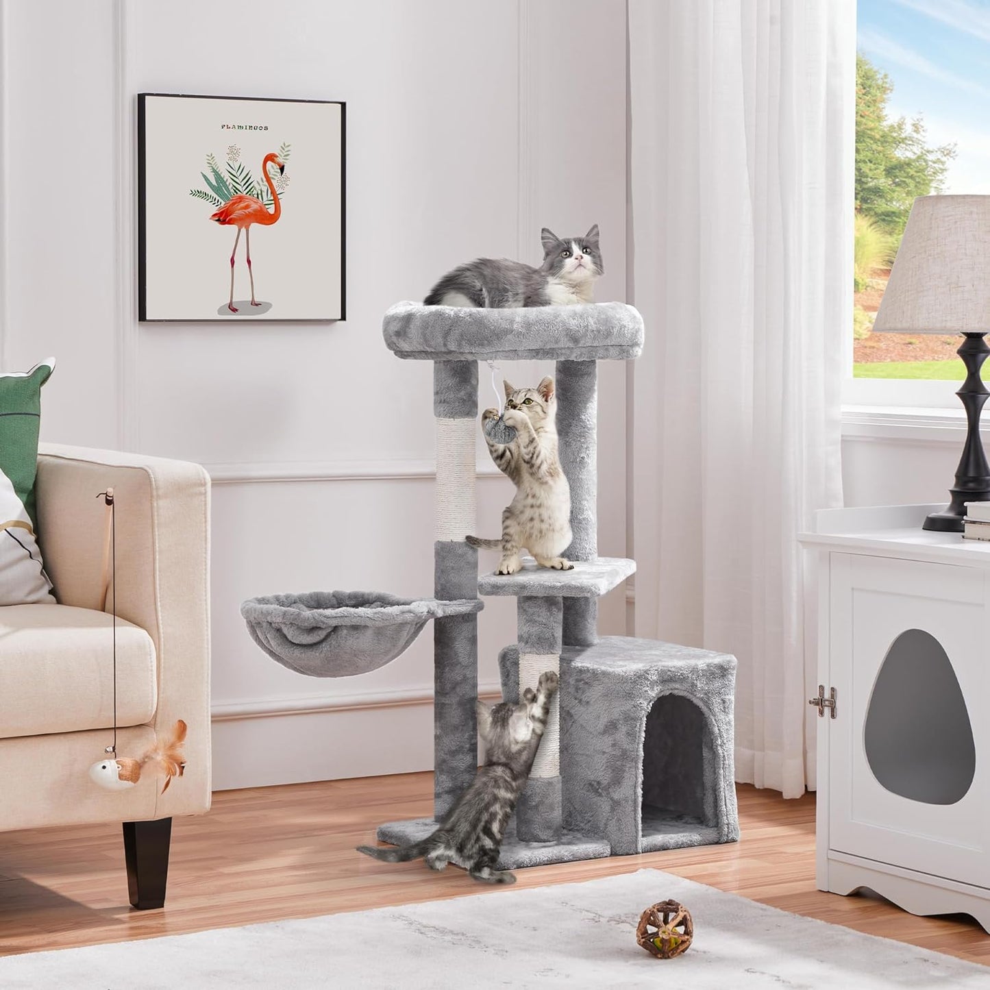 34-Inch Cat Tower with Plush Cover, Condo, Platform, and Basket - Indoor Cat Furniture Activity Tree