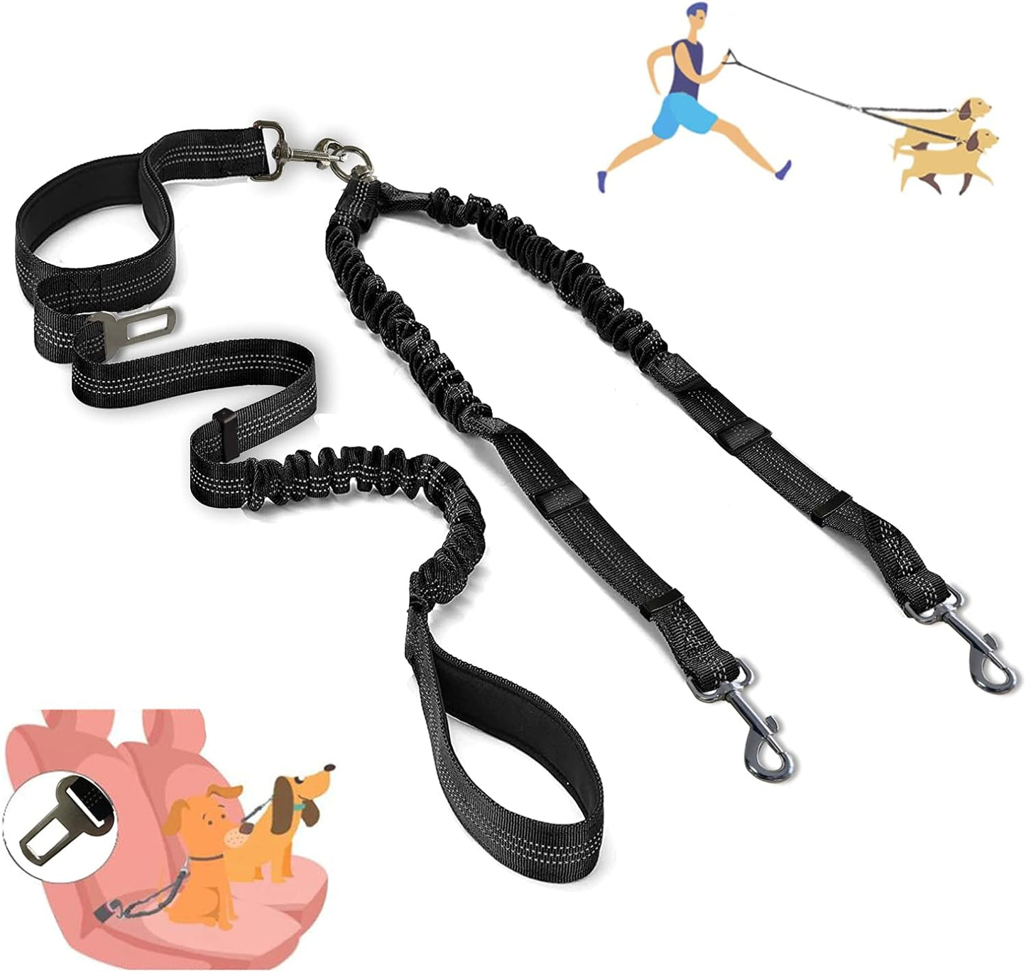 360° No Tangle Double Dog Leash, 2-In-1 Bungee Seatbelt Leash | 360°Tangle Free Coupler, Dual Padded Handles, Shock Bungee Buffer,Adjustable Fits M & L Dogs for Walking & Car Travel