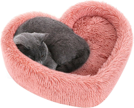 Indoor Cat Bed - Heart-Shaped Design with Removable Washable Cushion, Suitable for Cats up to 30 lbs and Small Dogs, Faux Fur Self-Warming Non-Slip Pet House in Pink