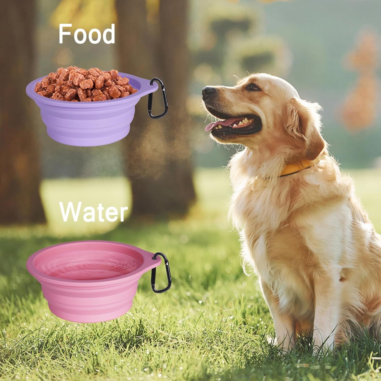 2-Pack Silicone Collapsible Dog Bowls, BPA Free Dishwasher Safe, Portable Foldable Expandable Travel Bowl, Food Water Feeding Cup Dish for Dogs Cats with 2 Carabiners (Purple, Pink) | 20 Oz, Silicone, Foldable Expandable Cat Feeding Cup Dish, 2 Carabiners, BPA Free, Dishwasher Safe (Purple, Pink)
