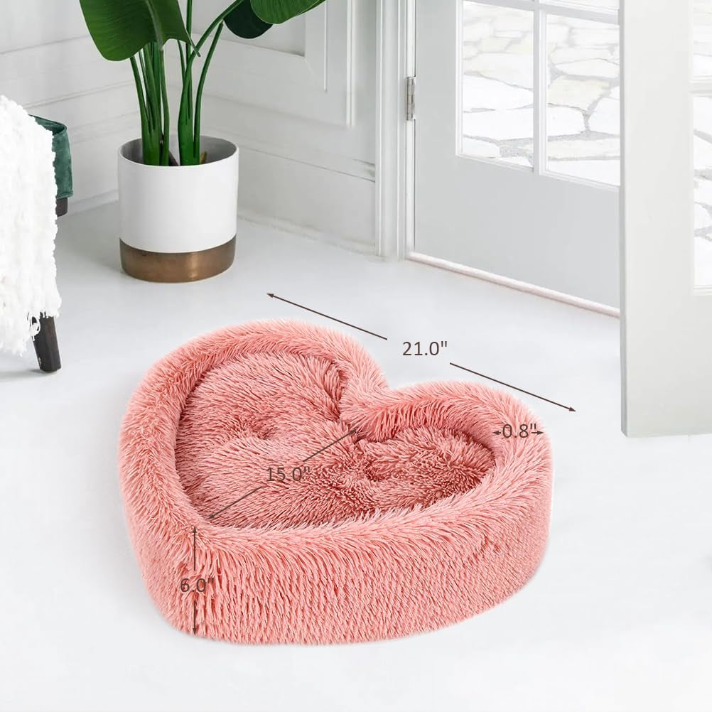 Indoor Cat Bed - Heart-Shaped Design with Removable Washable Cushion, Suitable for Cats up to 30 lbs and Small Dogs, Faux Fur Self-Warming Non-Slip Pet House in Pink