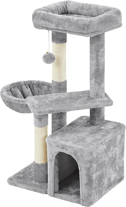 34-Inch Cat Tower with Plush Cover, Condo, Platform, and Basket - Indoor Cat Furniture Activity Tree