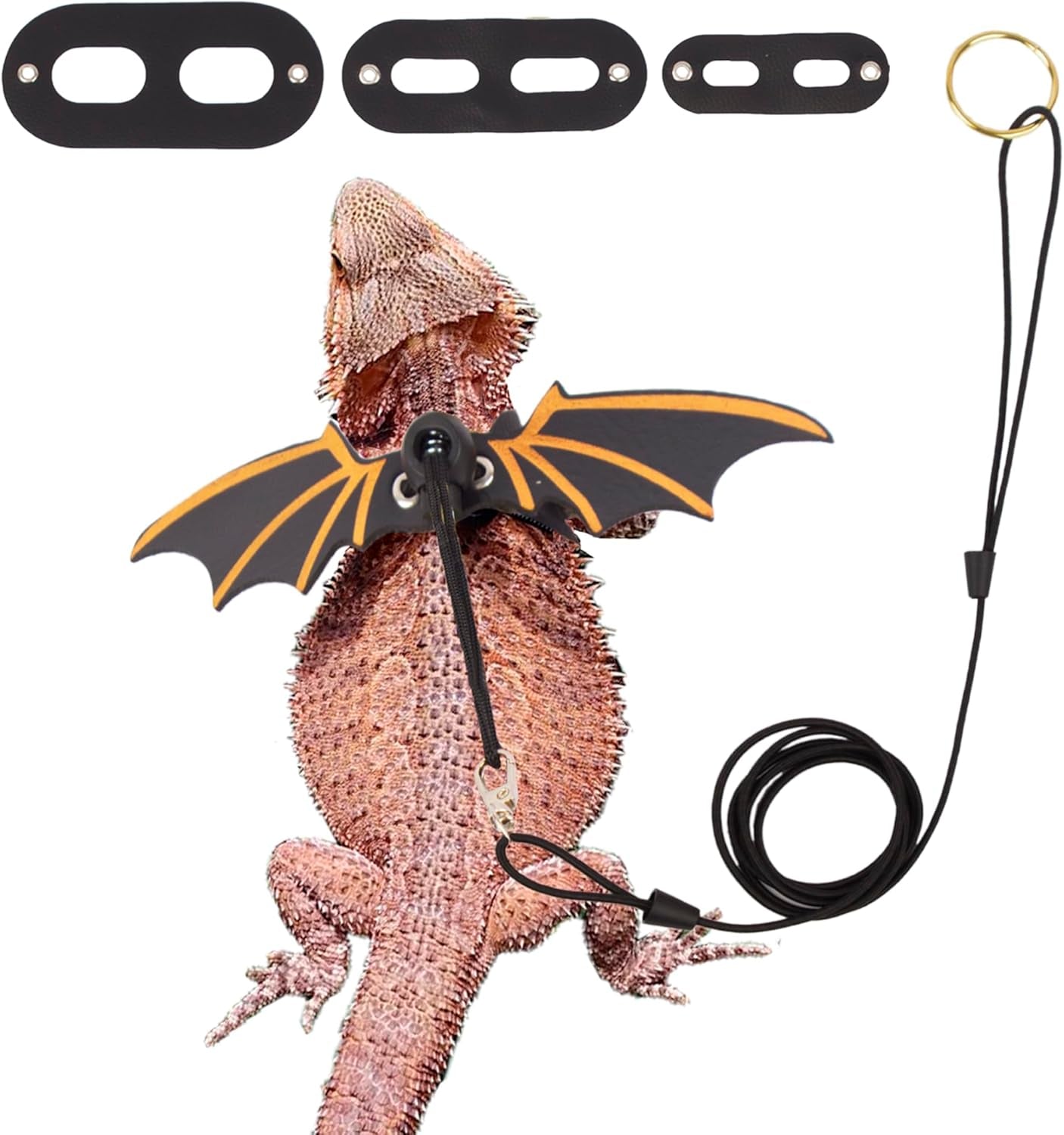 Black Bearded Dragon Leash Harness, 3 Size Pack, Cool Bat Wing | Soft Leather Wing Harness, Removable Leash, for Bearded Dragon Lizard Reptile, Great for Outdoor Walking