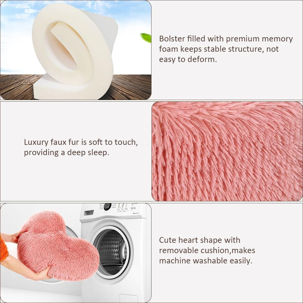 Indoor Cat Bed - Heart-Shaped Design with Removable Washable Cushion, Suitable for Cats up to 30 lbs and Small Dogs, Faux Fur Self-Warming Non-Slip Pet House in Pink