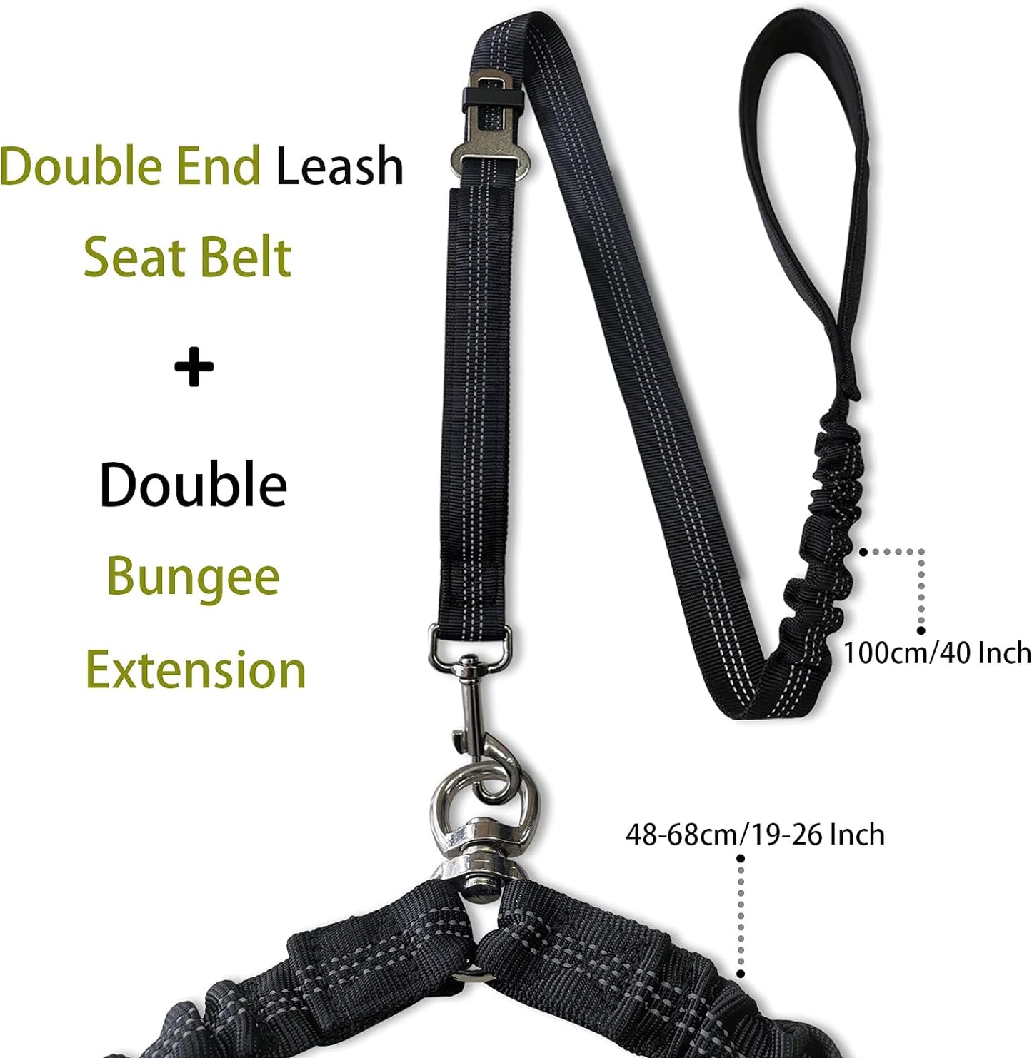 360° No Tangle Double Dog Leash, 2-In-1 Bungee Seatbelt Leash | 360°Tangle Free Coupler, Dual Padded Handles, Shock Bungee Buffer,Adjustable Fits M & L Dogs for Walking & Car Travel