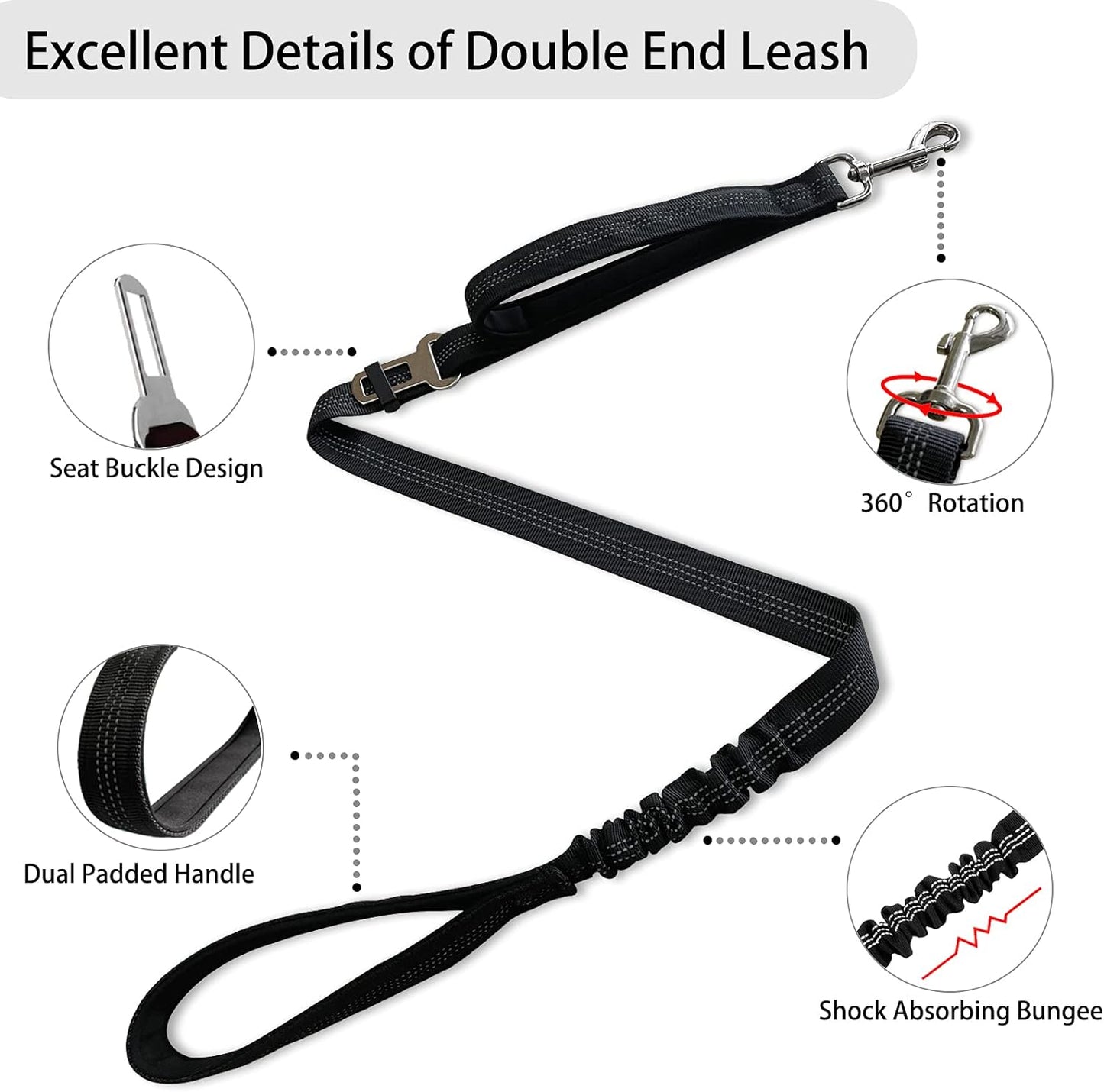 360° No Tangle Double Dog Leash, 2-In-1 Bungee Seatbelt Leash | 360°Tangle Free Coupler, Dual Padded Handles, Shock Bungee Buffer,Adjustable Fits M & L Dogs for Walking & Car Travel