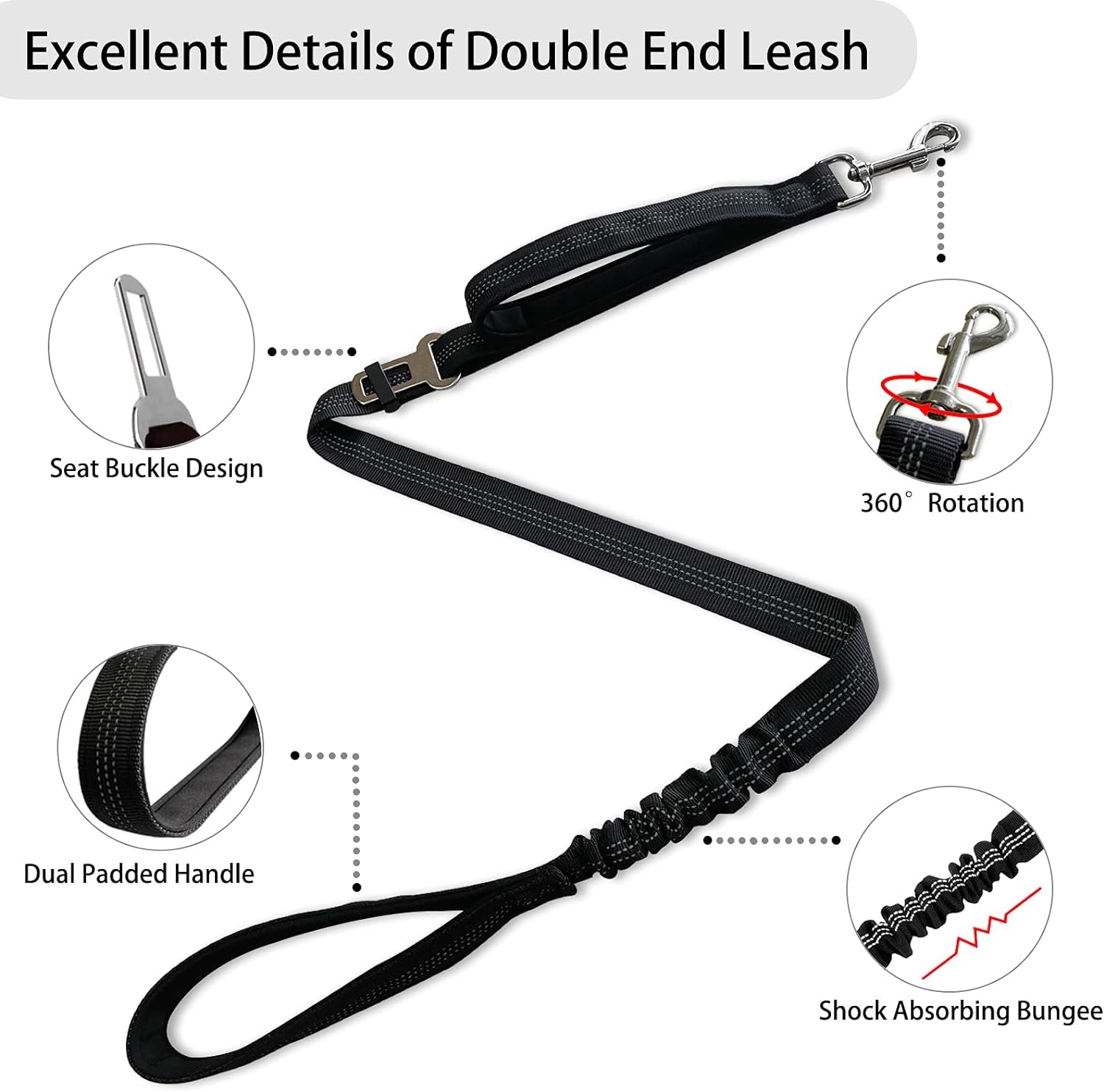 360° No Tangle Double Dog Leash, 2-In-1 Bungee Seatbelt Leash | 360°Tangle Free Coupler, Dual Padded Handles, Shock Bungee Buffer,Adjustable Fits M & L Dogs for Walking & Car Travel