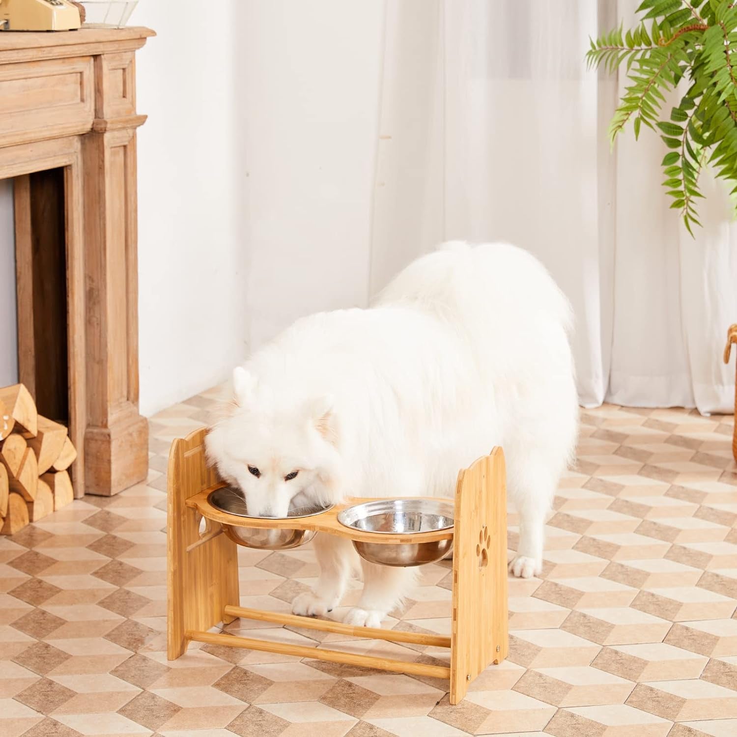 Elevated Dog Bowls for Cats and Dogs, Adjustable Bamboo Raised Dog Bowls for Large Dog, Food and Water Stand Feeder with 2 Stainless Steel anti Slip Feet (Height 7.9" to 11.4" to 15")…