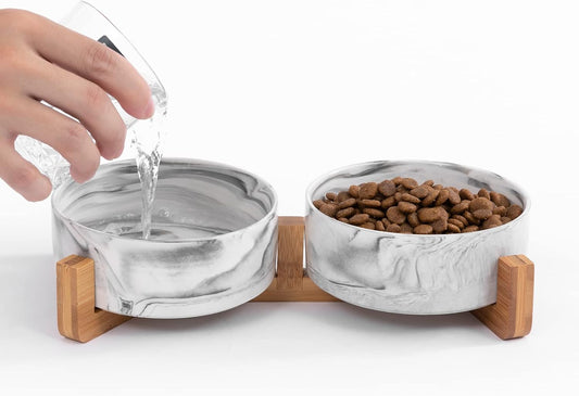 Marbling Cat Bowls, Puppy Ceramic Food and Water Bowls Set, 1 3/4 Cups X 2, Indoors Black Pet Bowls with Wood Stand