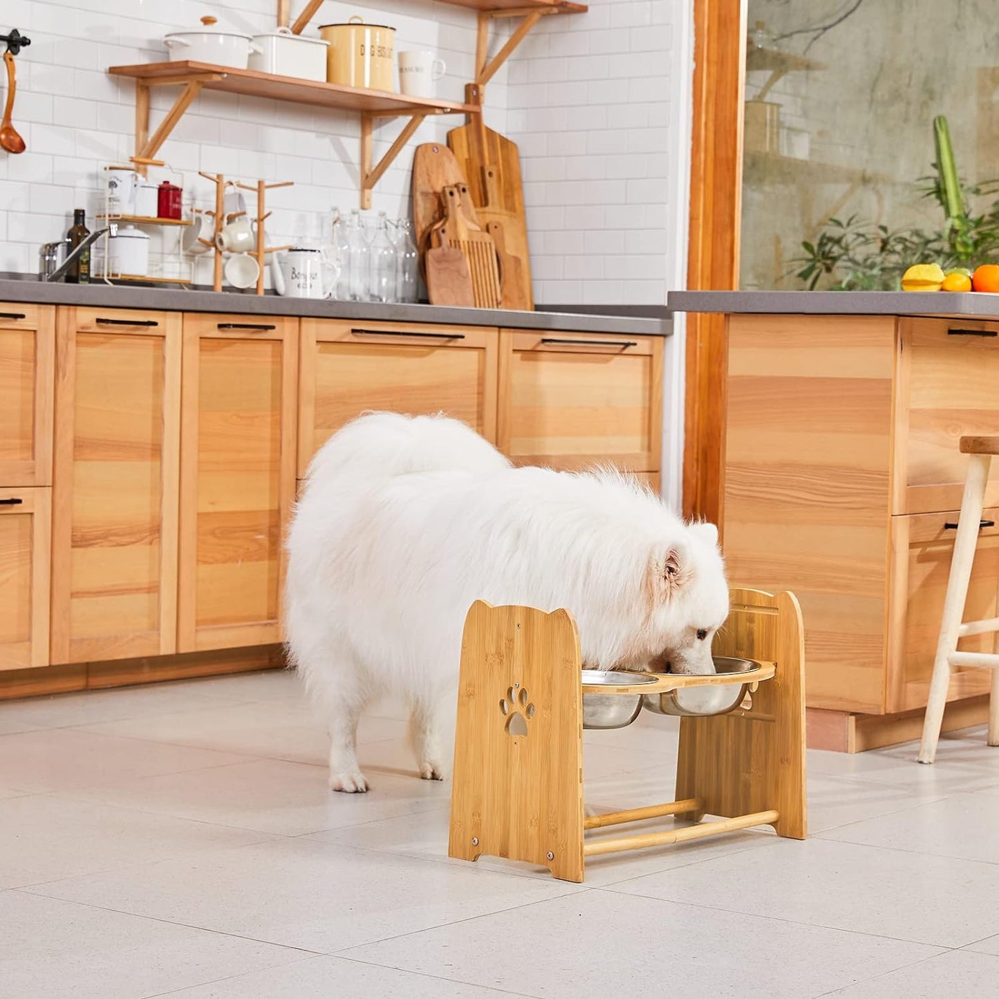 Elevated Dog Bowls for Cats and Dogs, Adjustable Bamboo Raised Dog Bowls for Large Dog, Food and Water Stand Feeder with 2 Stainless Steel anti Slip Feet (Height 7.9" to 11.4" to 15")…