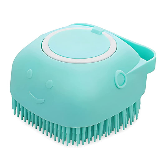 Silicone Rubber Bath Brush for Dogs and Cats - Grooming and Cleaning Tool with Soft Shampoo Dispenser (Blue)