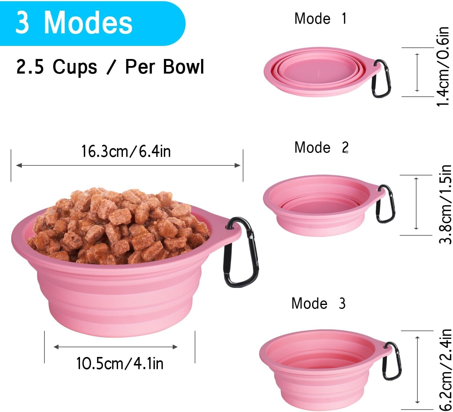 2-Pack Silicone Collapsible Dog Bowls, BPA Free Dishwasher Safe, Portable Foldable Expandable Travel Bowl, Food Water Feeding Cup Dish for Dogs Cats with 2 Carabiners (Purple, Pink) | 20 Oz, Silicone, Foldable Expandable Cat Feeding Cup Dish, 2 Carabiners, BPA Free, Dishwasher Safe (Purple, Pink)